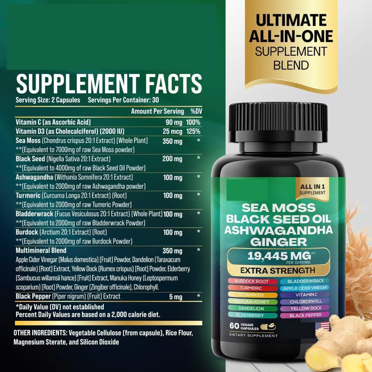 16 IN 1 Supplement Sea Moss Supplement Blend (60 capsules)– 92 Minerals, Thyroid & Gut Health Support