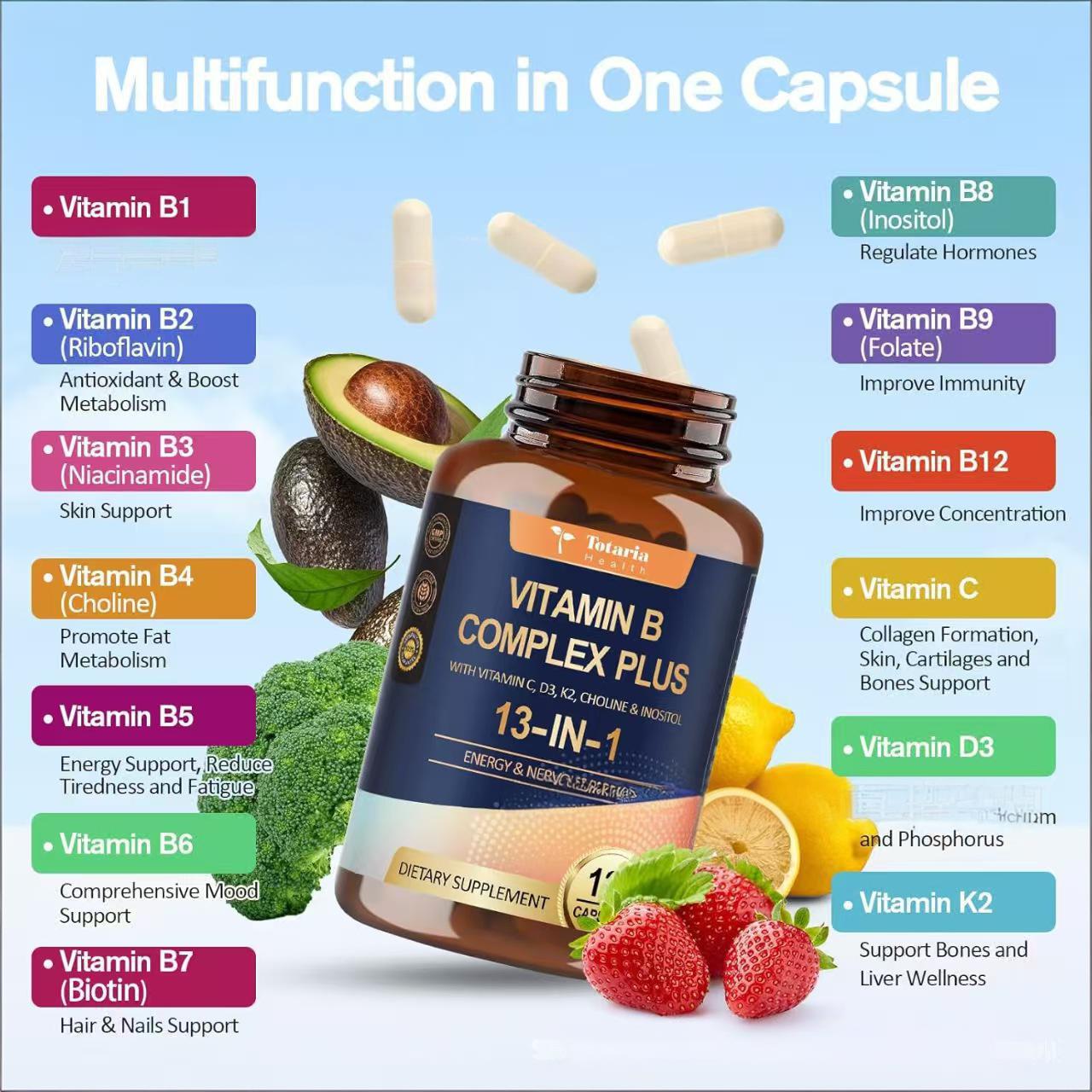 VITAMIN B COMPLEX PLUS WITH VITAMIN C, D3, K2, CHOLINE & INOSITOL 13-IN-1 (120 Capsule)